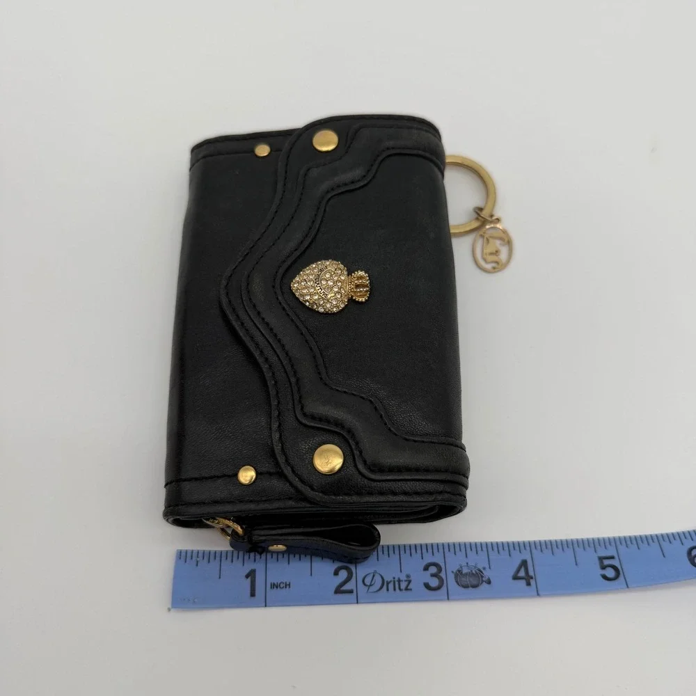 Juicy Couture McBling Y2K Black Leather Rhinestone Crown Heart Key Ring Wallet